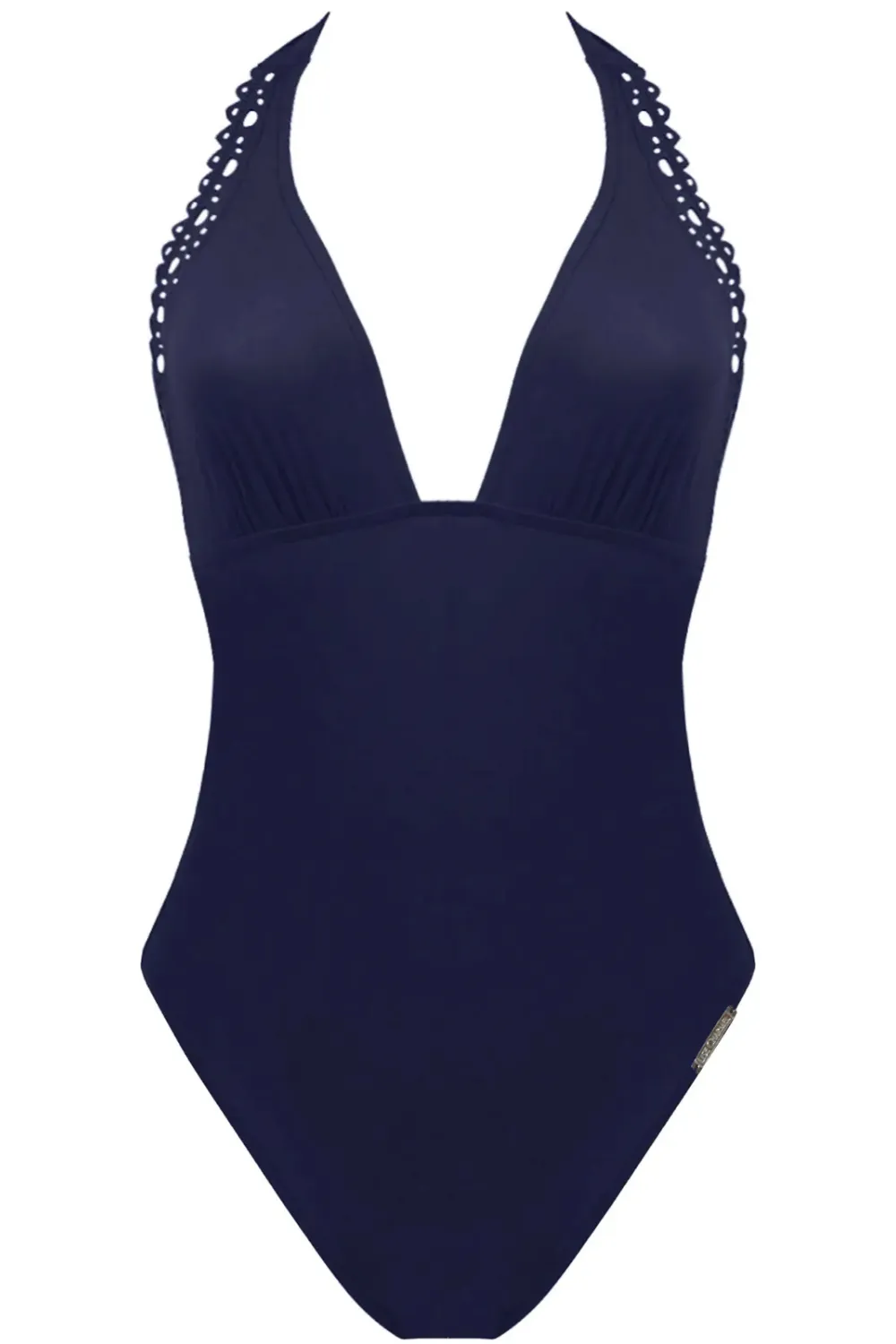 Ajourage Couture Plunging Back Halter Swimsuit in Navy