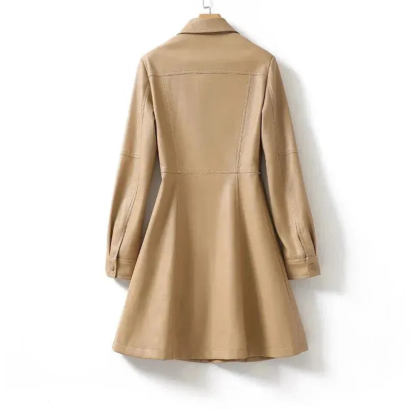 Casual Midi Leather Women Coat