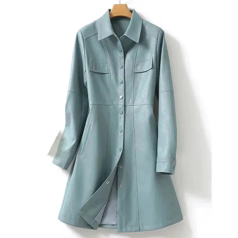 Casual Midi Leather Women Coat