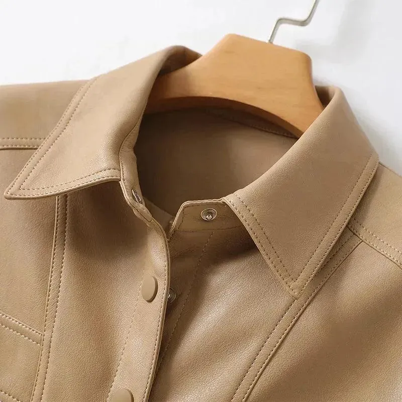 Casual Midi Leather Women Coat