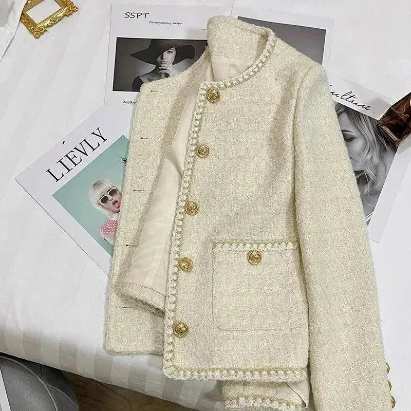 Casual Round Neck Women Tweed Jacket