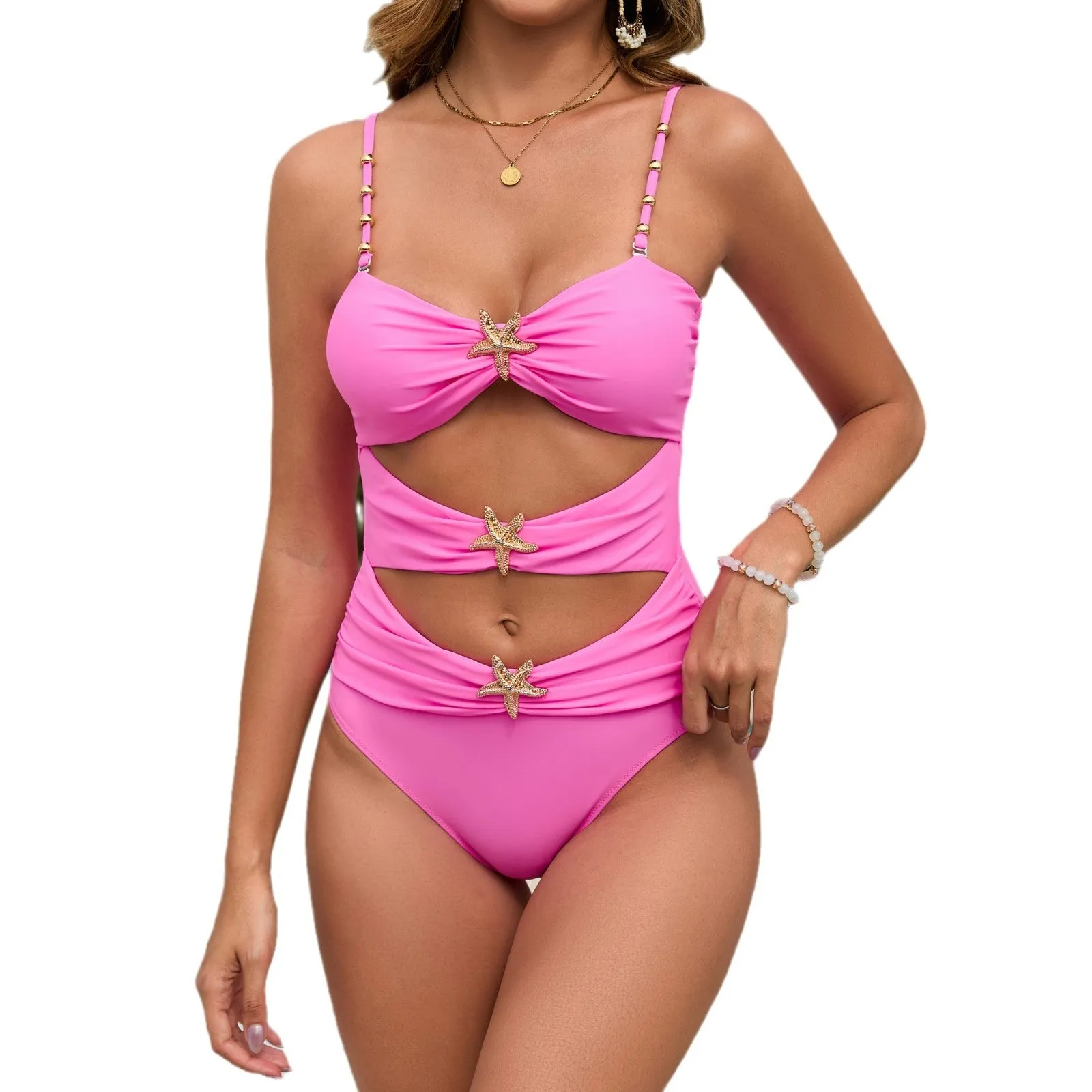 European And American Solid Color Metal Buckle String Beads Cross-border One-piece Swimsuit For Women