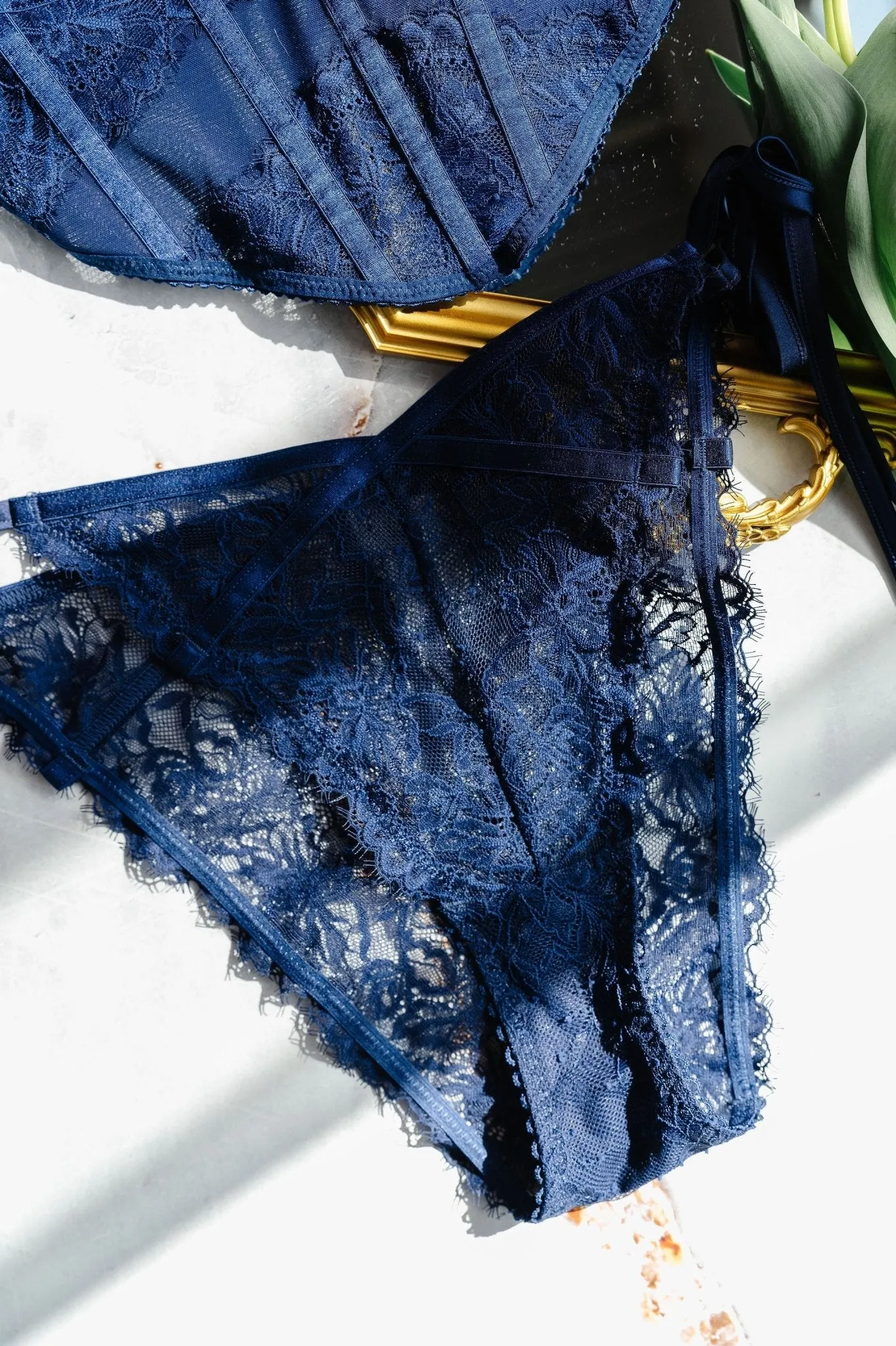 Lacy Side Tie Panty - Navy