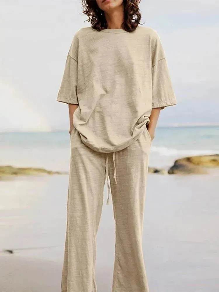 Light Blue Linen Women's Pants Set