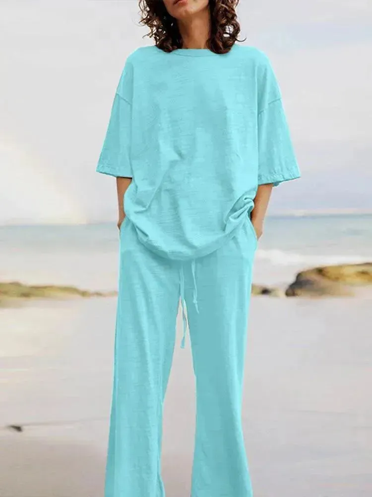 Light Blue Linen Women's Pants Set