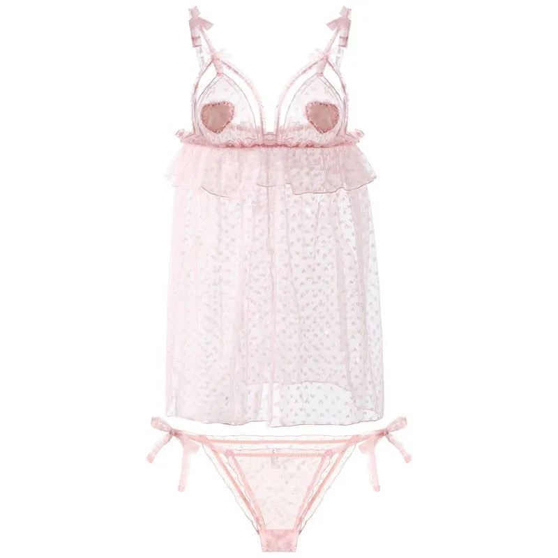 Light Pink See Through Deep V Neck Floral Night Dress