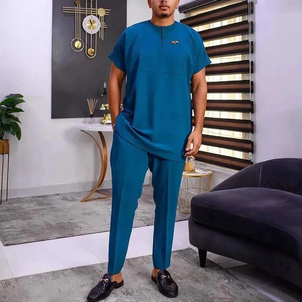 Men Relaxed Teal Casual Two-Piece Set