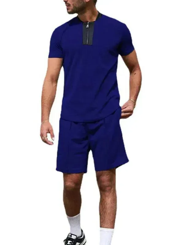 Men Relaxed Zipper Casual Shorts Set