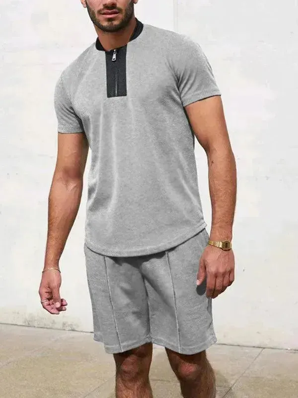 Men Relaxed Zipper Casual Shorts Set