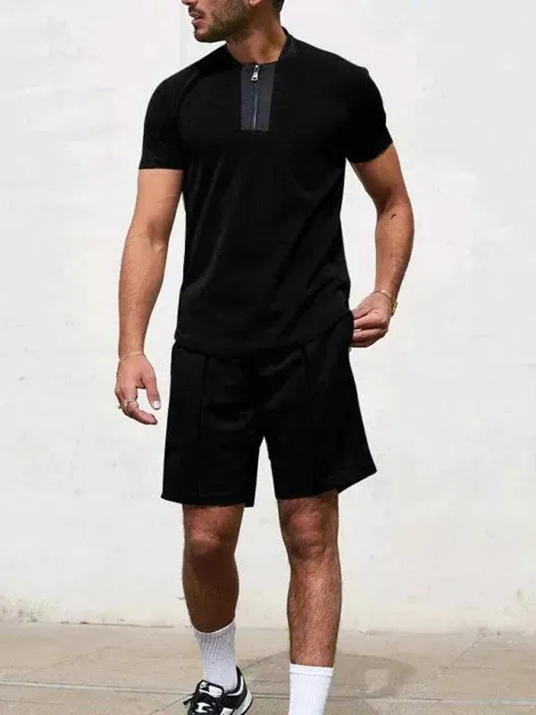 Men Relaxed Zipper Casual Shorts Set