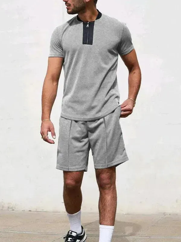 Men Relaxed Zipper Casual Shorts Set