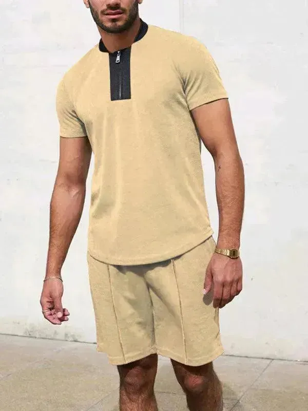 Men Relaxed Zipper Casual Shorts Set