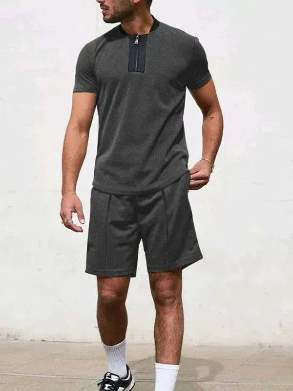 Men Relaxed Zipper Casual Shorts Set