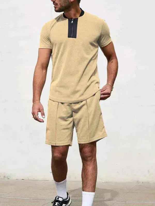 Men Relaxed Zipper Casual Shorts Set