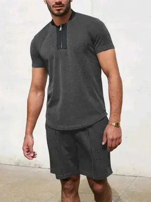 Men Relaxed Zipper Casual Shorts Set