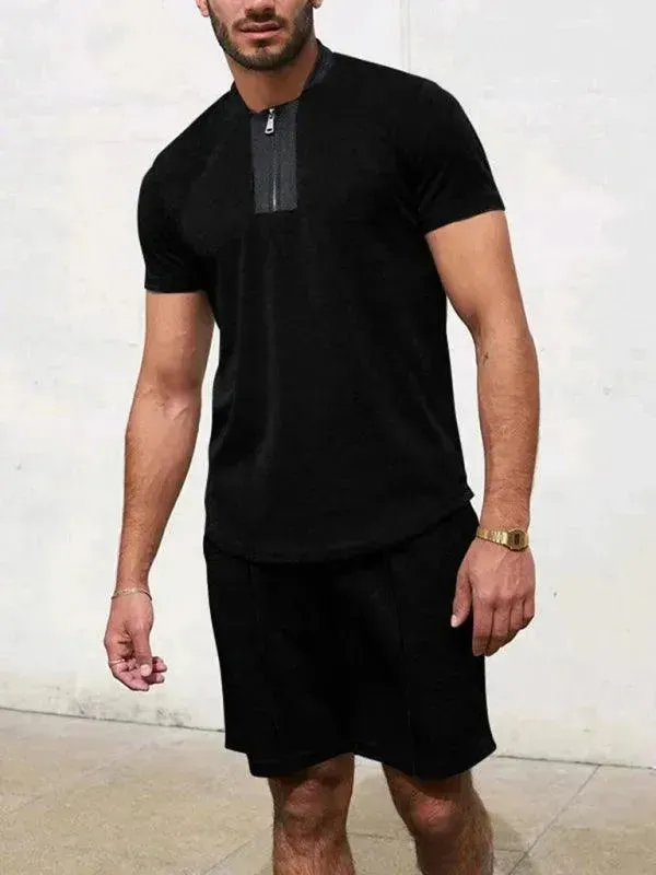 Men Relaxed Zipper Casual Shorts Set