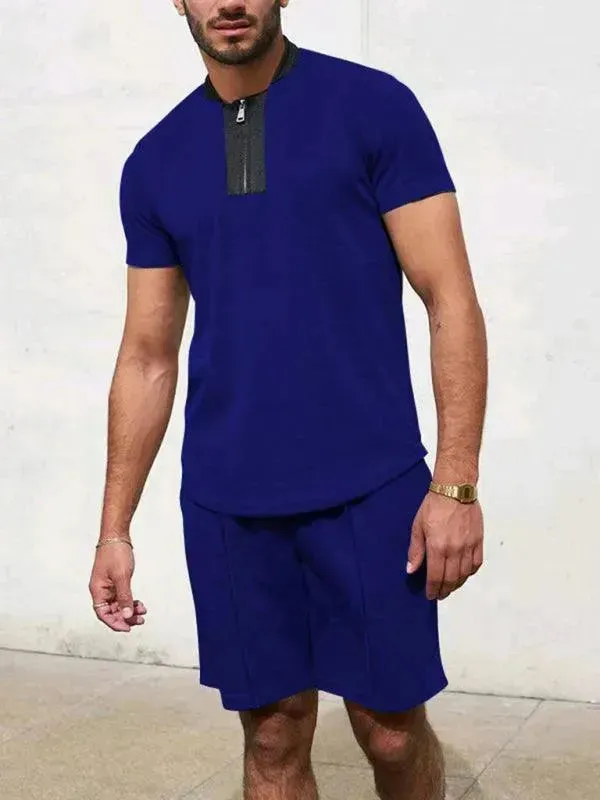 Men Relaxed Zipper Casual Shorts Set