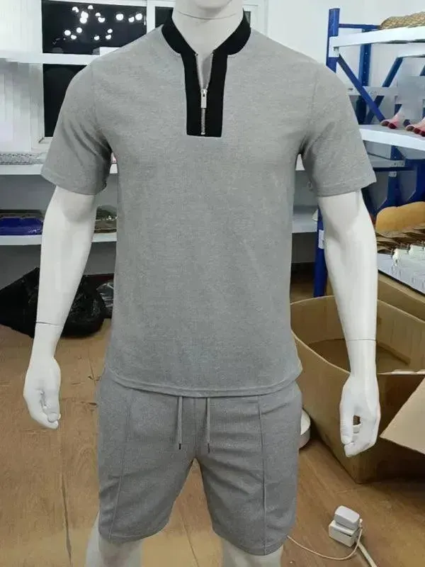 Men Relaxed Zipper Casual Shorts Set