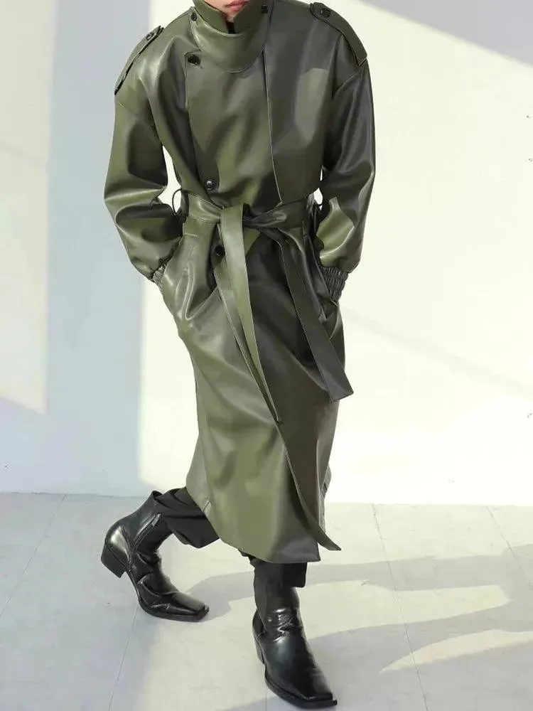 Men's Casual Belted Leather Overcoat