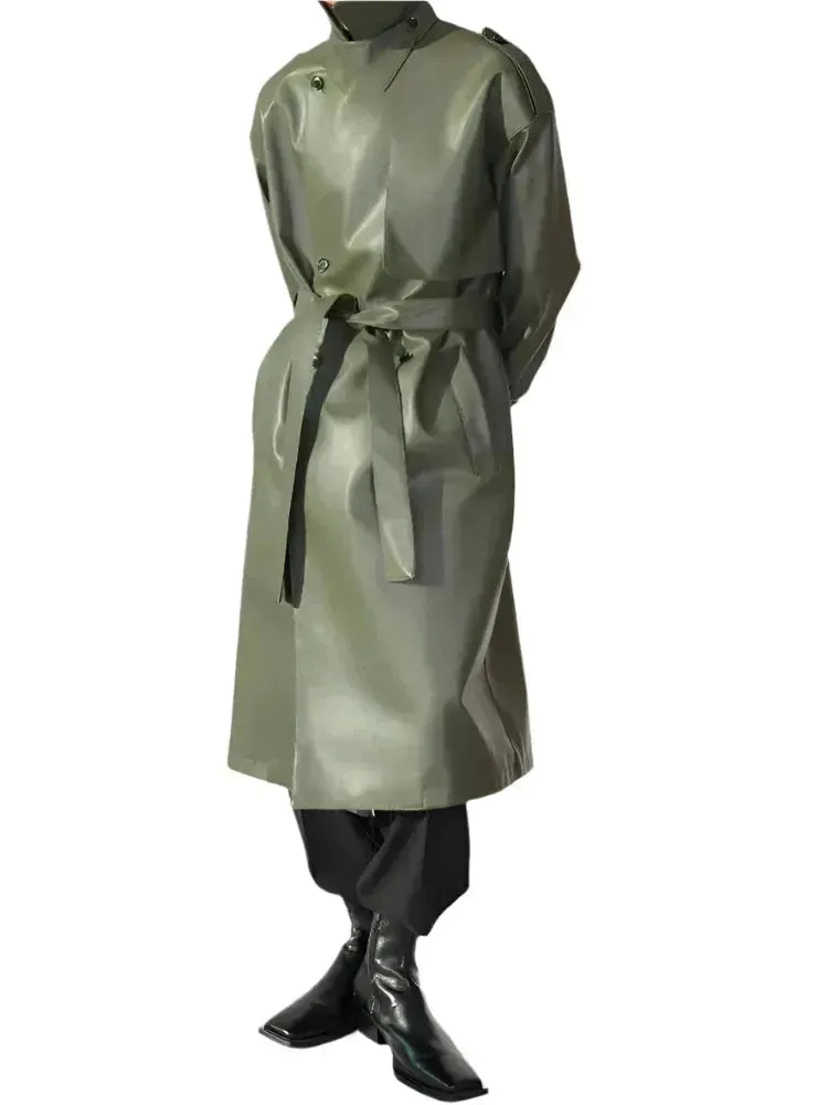 Men's Casual Belted Leather Overcoat