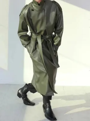 Men's Casual Belted Leather Overcoat
