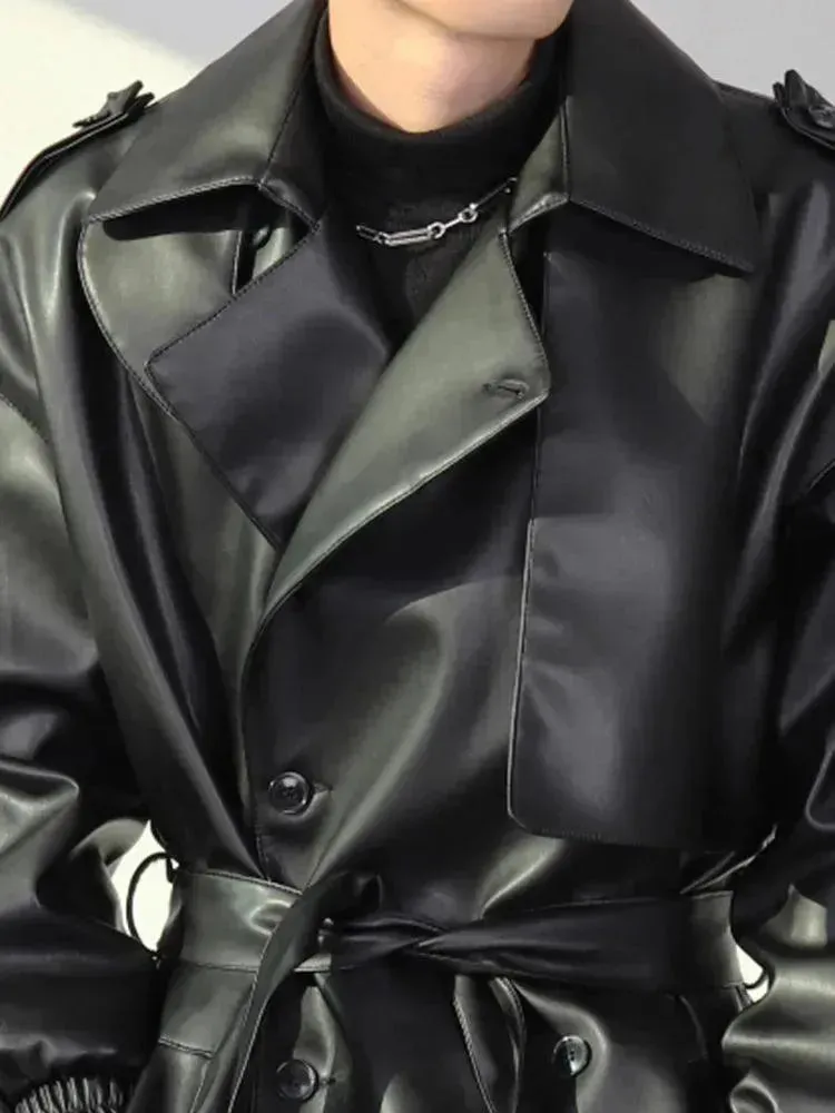 Men's Casual Belted Leather Overcoat
