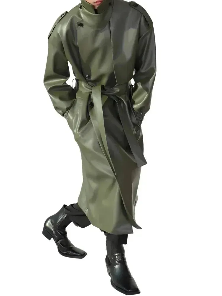 Men's Casual Belted Leather Overcoat