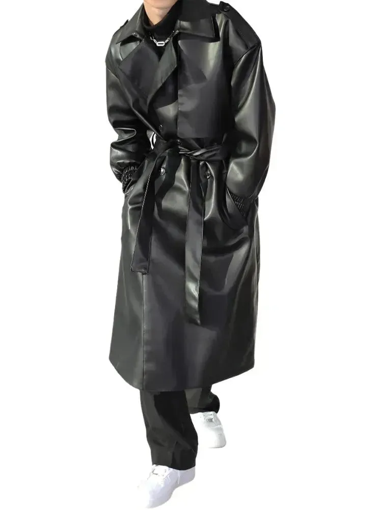 Men's Casual Belted Leather Overcoat