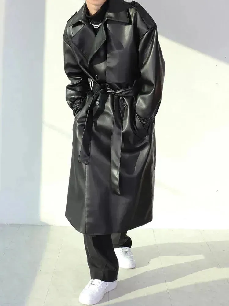 Men's Casual Belted Leather Overcoat
