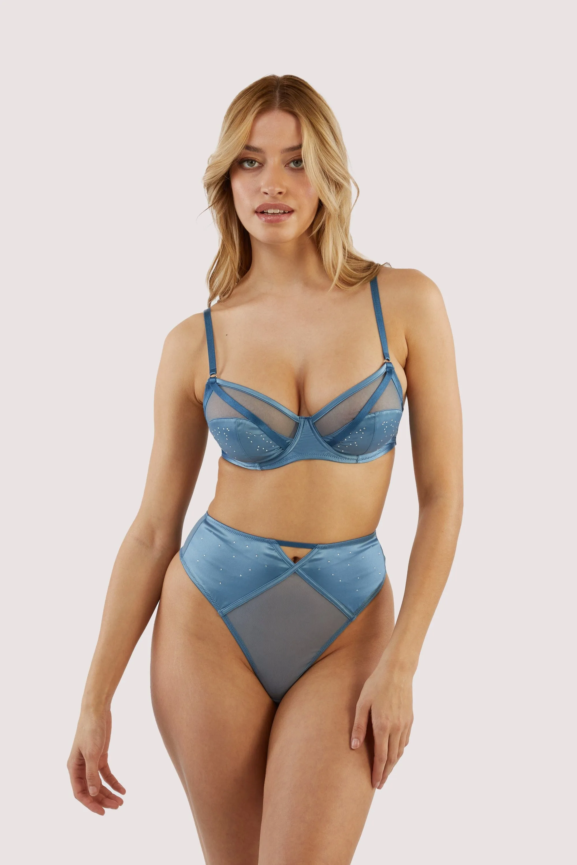 Olympia Storm Grey Diamante Mesh and Satin Bra