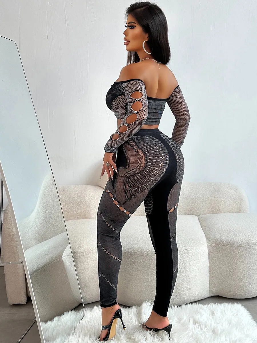 Rhinestone Crop Top and Tights Set