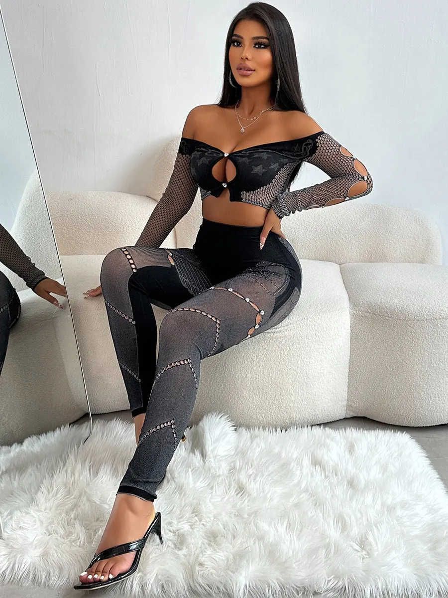 Rhinestone Crop Top and Tights Set