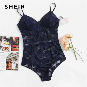 SHEIN Multicolor Floral Lace Teddy Cami Lingerie Romper Women Sexy Sleeveless Modern Lady Summer Women Rompers Onesies Sleepwear