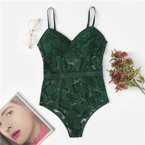 SHEIN Multicolor Floral Lace Teddy Cami Lingerie Romper Women Sexy Sleeveless Modern Lady Summer Women Rompers Onesies Sleepwear