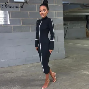 Simenual Casual Bodycon Women Long Dress Fashion Full Sleeve Striped Patchwork  Dresses Fashion Turtleneck Ladies Skinny Dresses