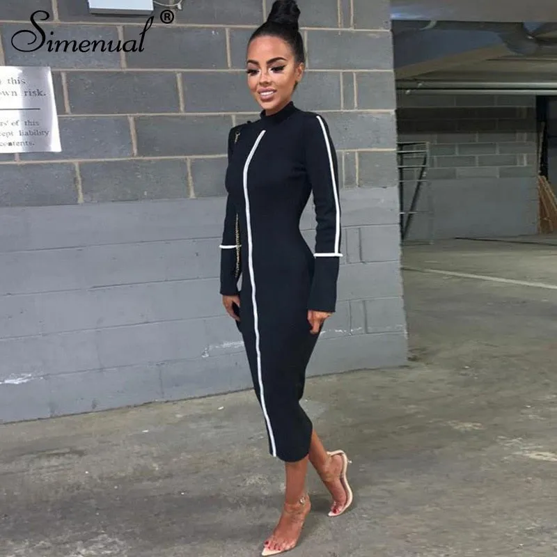 Simenual Casual Bodycon Women Long Dress Fashion Full Sleeve Striped Patchwork  Dresses Fashion Turtleneck Ladies Skinny Dresses