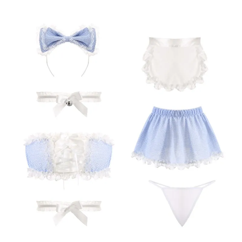 Sweet Maid Cosplay School Uniform Lingerie Set Panties Mini Skirt Headband