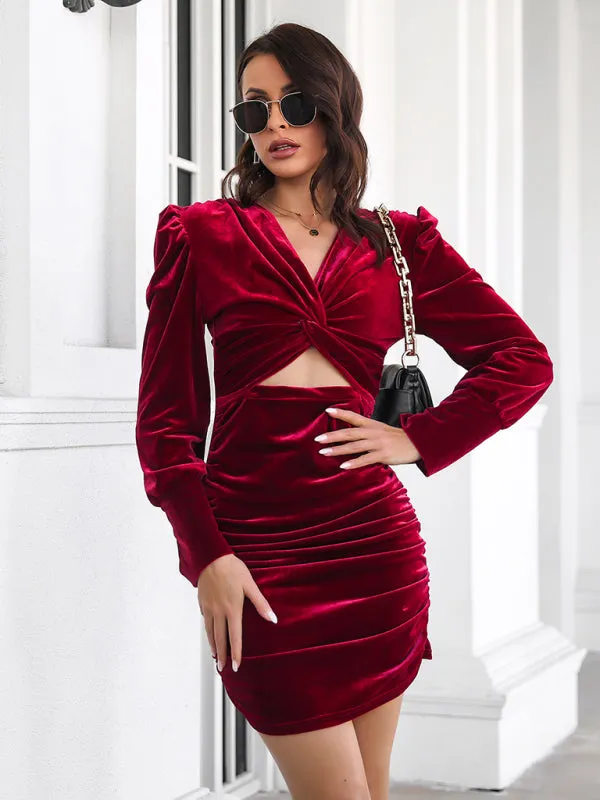 Twisted Bubble Sleeve Pleated Velvet Dress