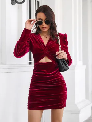 Twisted Bubble Sleeve Pleated Velvet Dress
