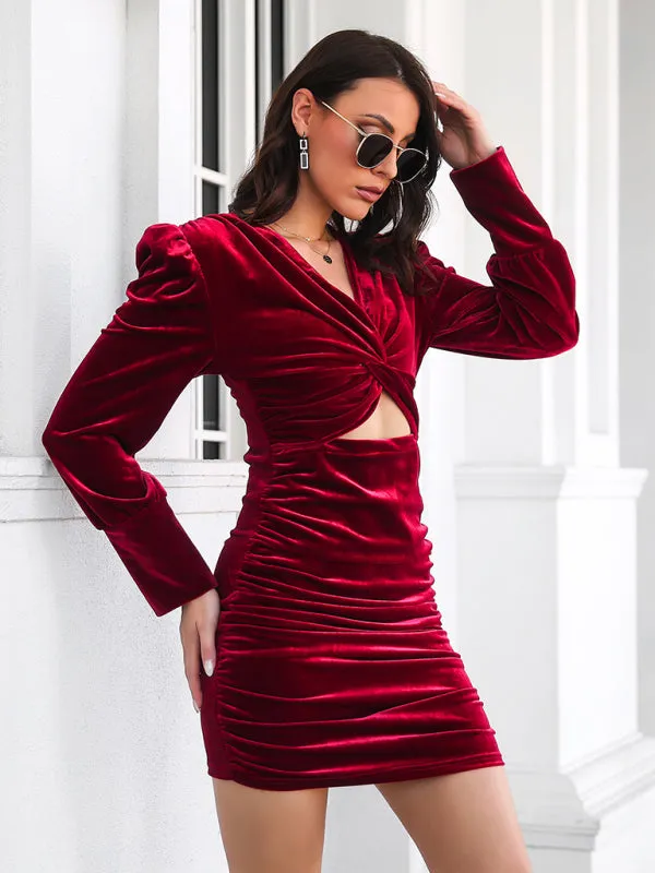 Twisted Bubble Sleeve Pleated Velvet Dress