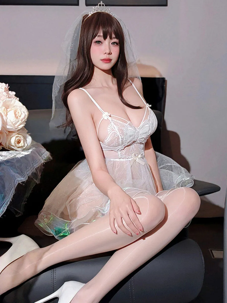 White Bride Babydoll Dress with Veil