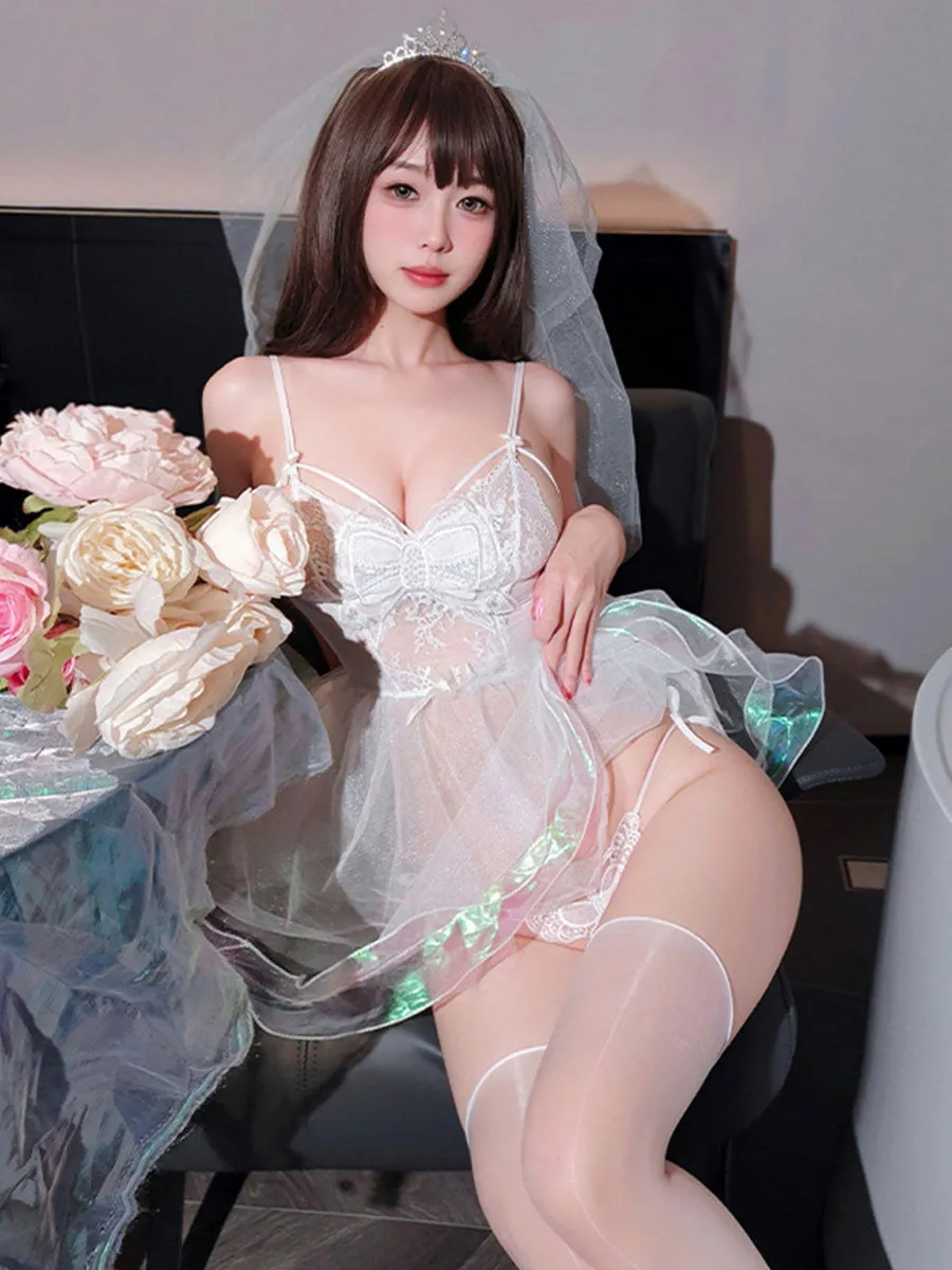 White Bride Babydoll Dress with Veil