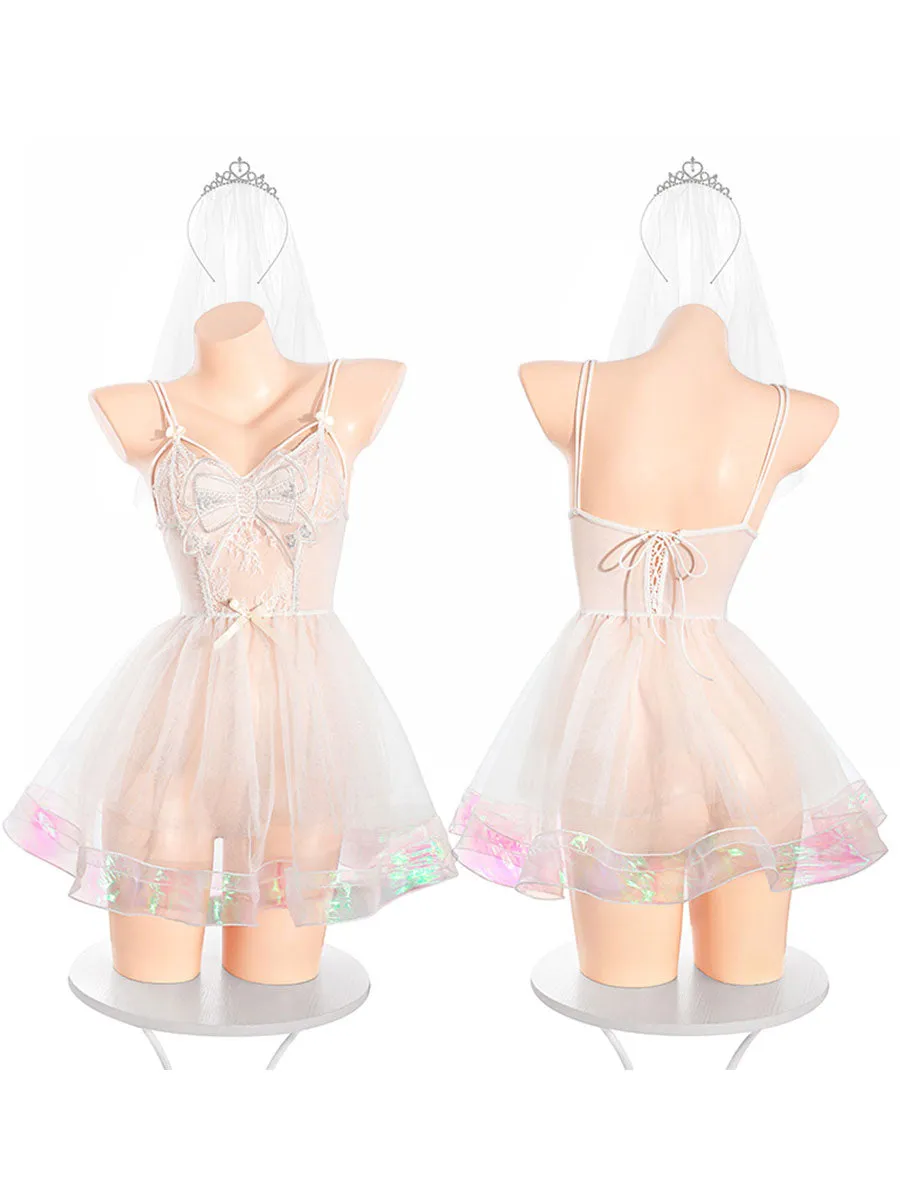 White Bride Babydoll Dress with Veil