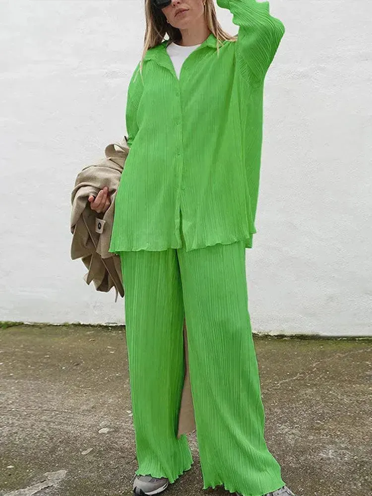 Women Pleated Two-Piece Pants Set