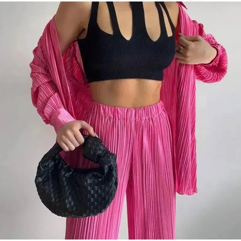 Women Pleated Two-Piece Pants Set