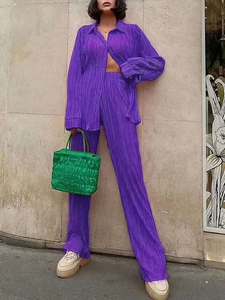 Women Pleated Two-Piece Pants Set