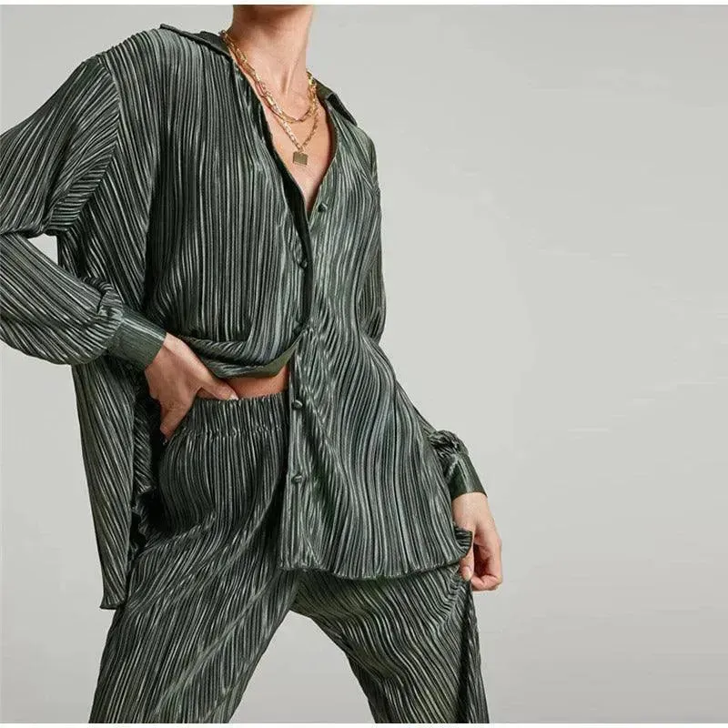 Women Pleated Two-Piece Pants Set