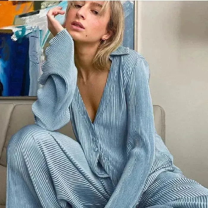 Women Pleated Two-Piece Pants Set