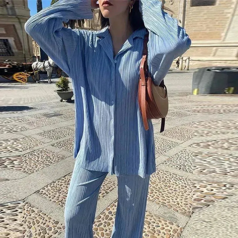 Women Pleated Two-Piece Pants Set