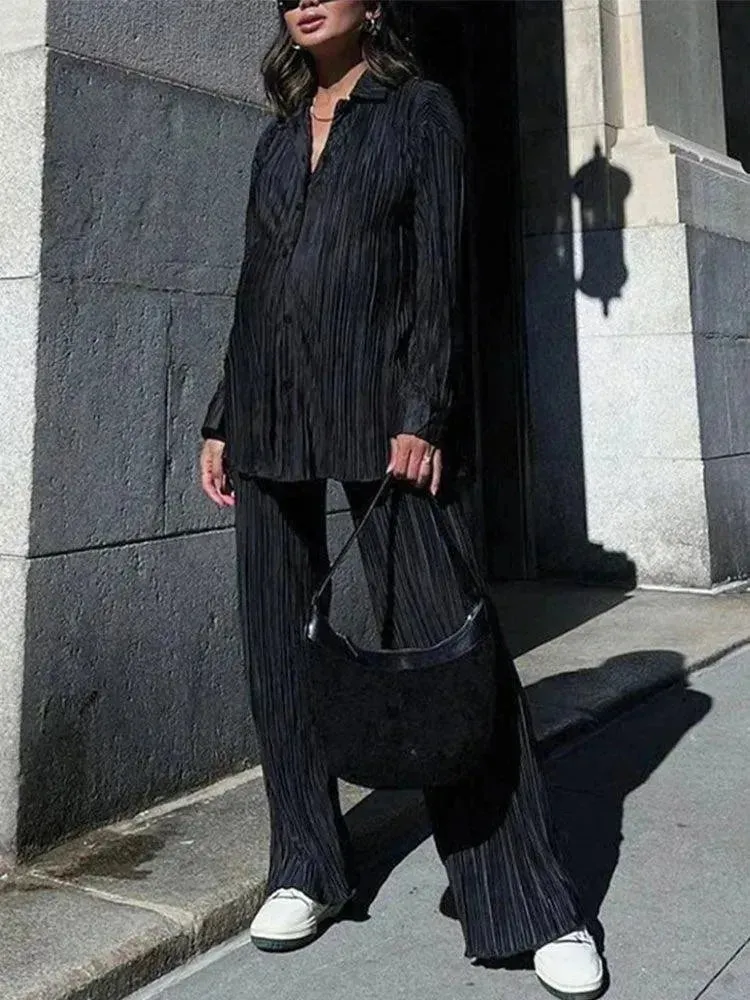 Women Pleated Two-Piece Pants Set